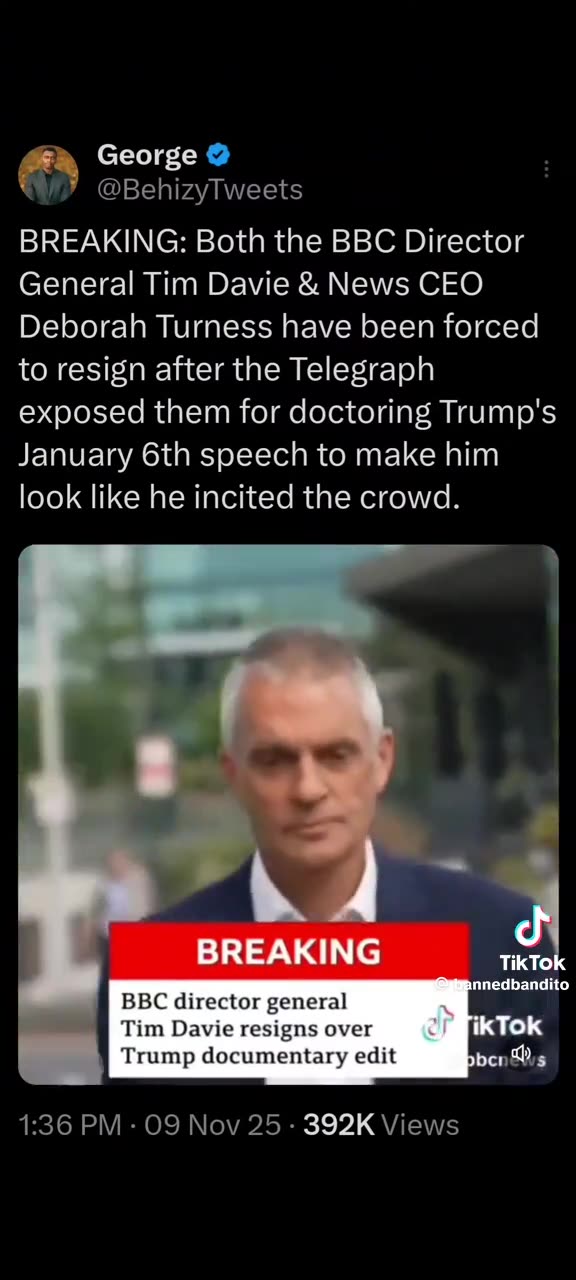 Breaking⛔️BBC director general Tim Davie resigns over Trump documentary