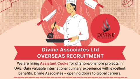 Hiring Now: Assistant Cooks for UAE Offshore & Onshore Projects – Apply with Divine Associates Ltd