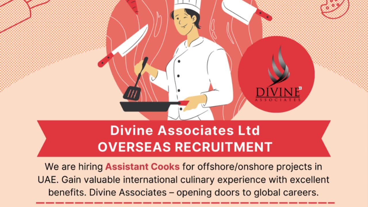 Hiring Now: Assistant Cooks for UAE Offshore & Onshore Projects – Apply with Divine Associates Ltd
