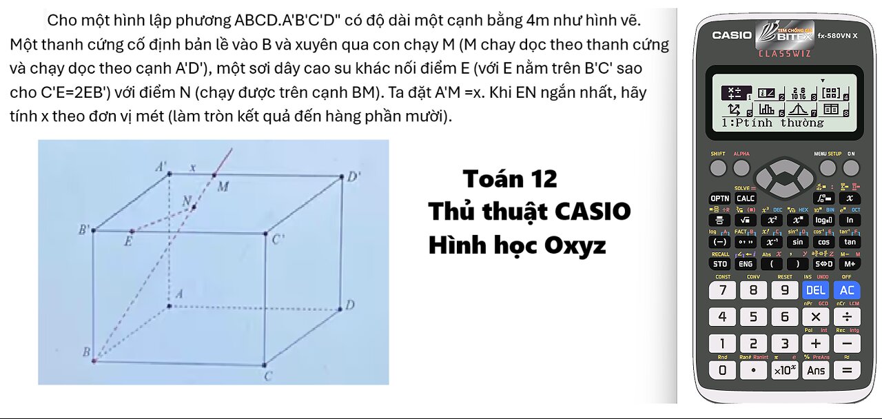 Cho một hình lập phương ABCD.A'B'C'D" có độ dài một cạnh bằng 4m như hình vẽ. Một