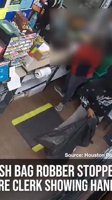 Trash Bag Robber Stopped by Store Clerk Showing Handgun