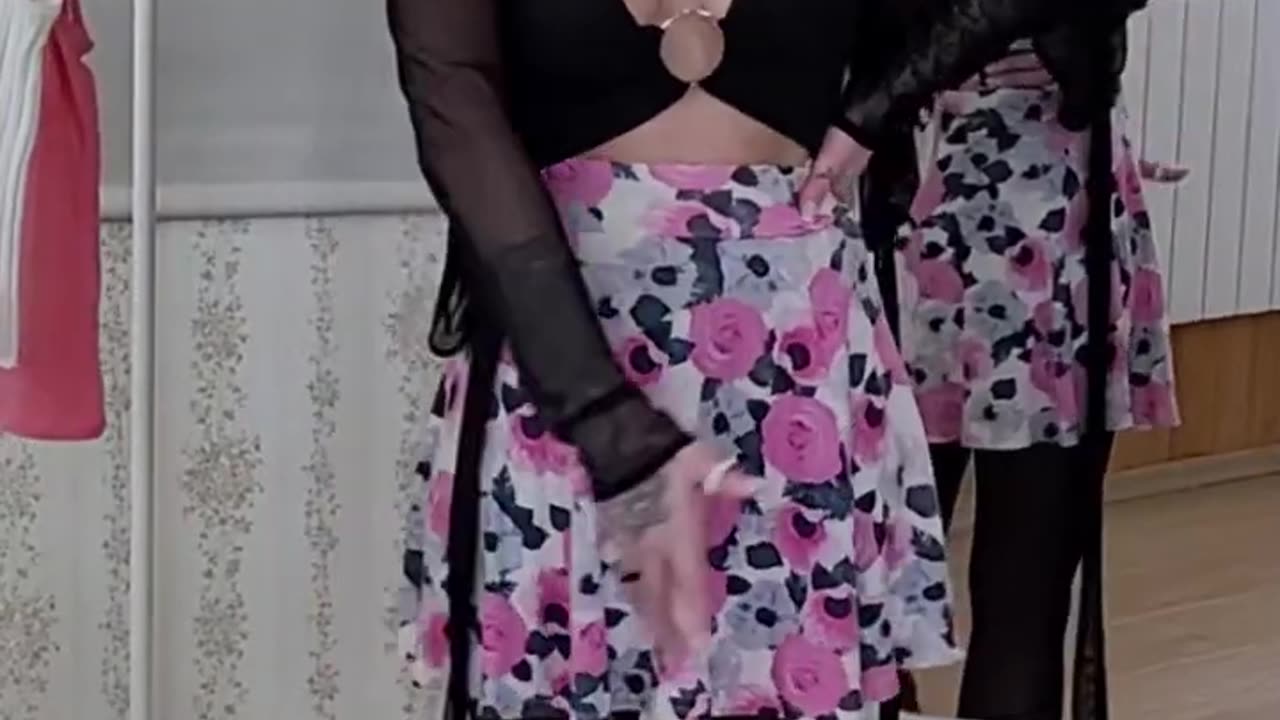 Trying on a black tight top with undies