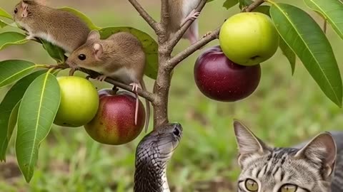 Cat battles snake to save mouse in a tree!