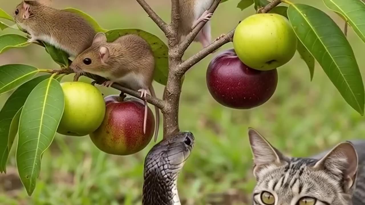 Cat battles snake to save mouse in a tree!