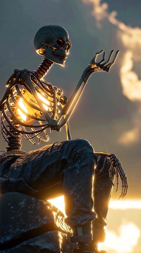 A realistic human skeleton wearing simple casual clothes