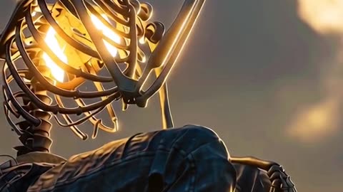 A realistic human skeleton wearing simple casual clothes