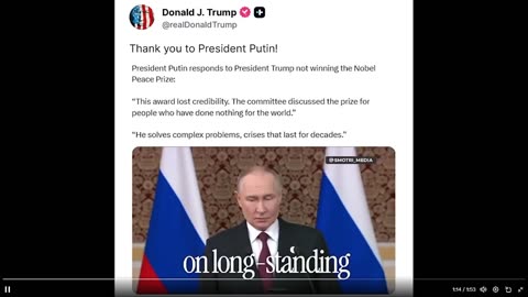 Tổng thống Trump CẢM ƠN Vladimir Putin sau khi ông nói rằng Giải Nobel Hòa bình đã "mất uy tín"