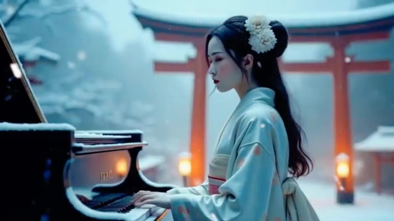 ❄️ Snow Serenity 🌨️ | Geisha Playing Piano 🎹 | Relaxing Music 🎶 | Cinematic Ambience 🎥