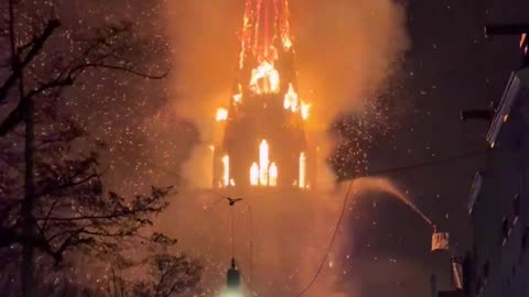 Fire engulfs top of Vondelkerk (Vondel Church) in Amsterdam, The Netherlands