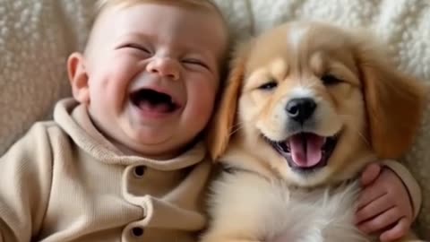 A cute baby laughing 🥰 with puppy !