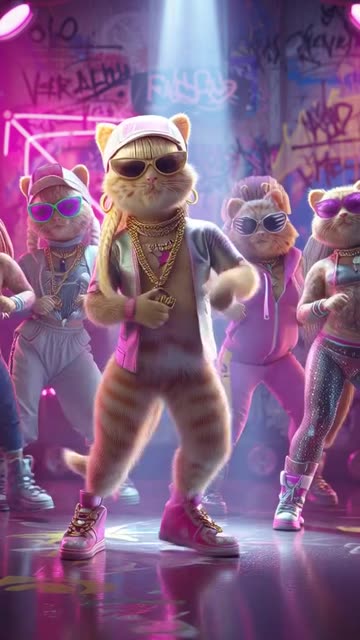 A group of stylish, human-like female cat posing as a fierce dance crew on a neon-lit dance floor