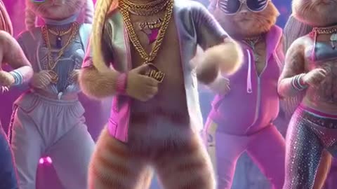 A group of stylish, human-like female cat posing as a fierce dance crew on a neon-lit dance floor