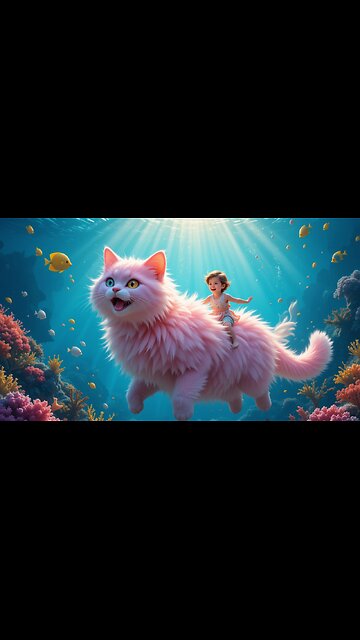 Magical Underwater Ride: Kid on a Giant Pink Cat! 🌊🐾🎉