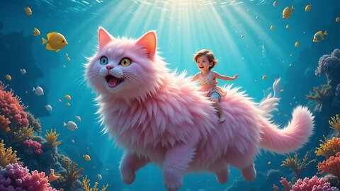 Magical Underwater Ride: Kid on a Giant Pink Cat! 🌊🐾🎉