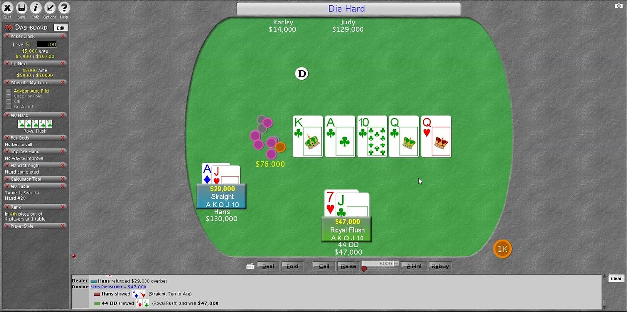 Royal Flush Hand 20 .. The odds of getting a royal flush in poker are approximately 1 in 649,739