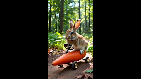 A real-life rabbit driving a giant carrot car with small wheels, moving forward
