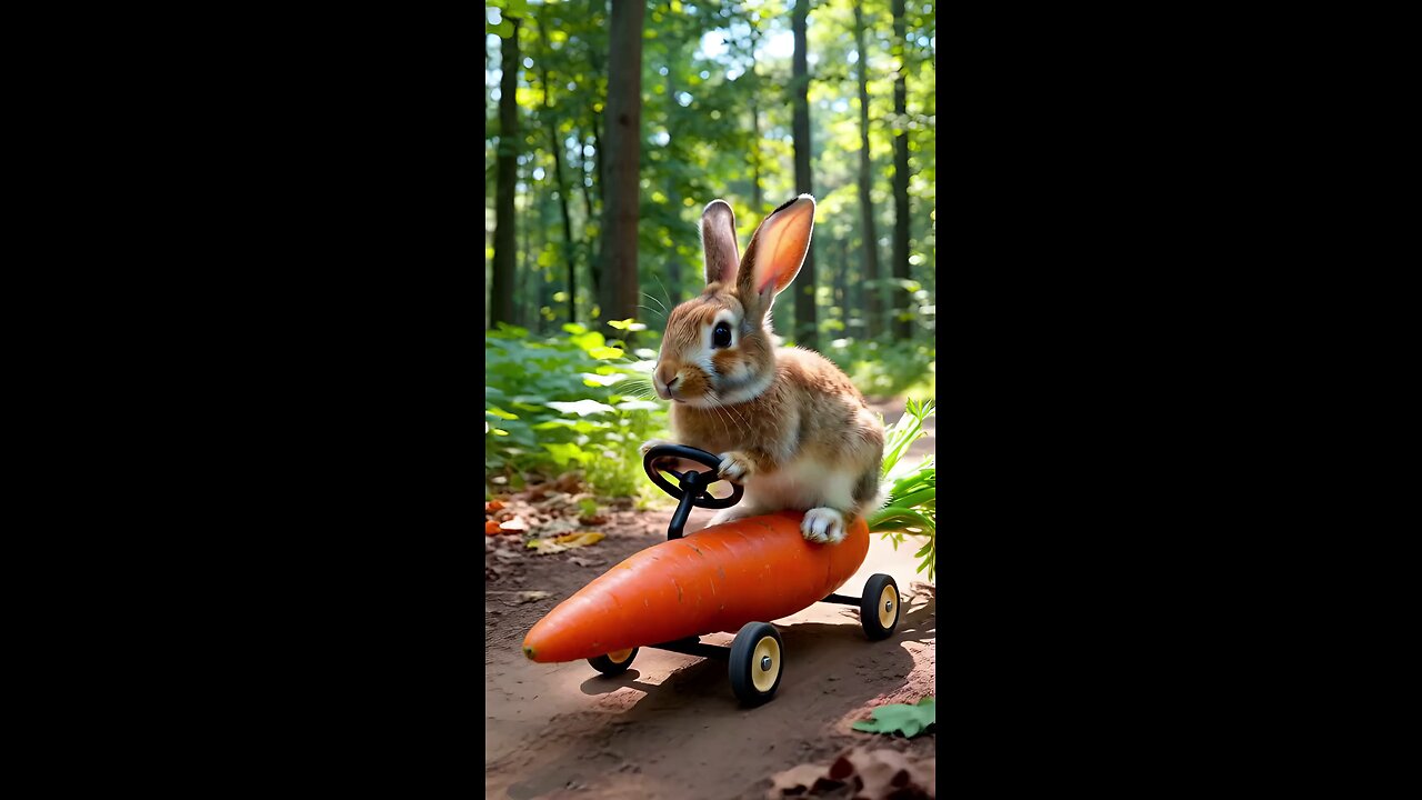 A real-life rabbit driving a giant carrot car with small wheels, moving forward