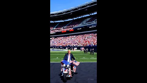 Donald Trump right onto the halftime show on a Harley Davidson motorcycle.