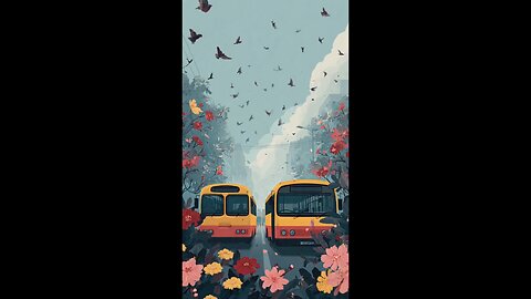 enjoy two buses disscussing about the traffic and some birds flying over