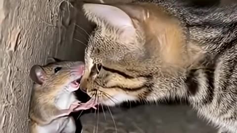 A cat caressing a mouse