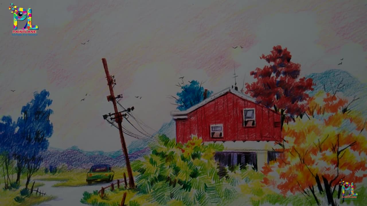 How To Draw A Sketch and Colored A Landscape For Beginners With COLOR PENCILS