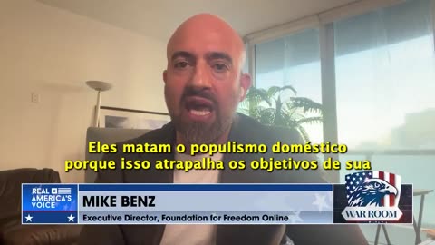 Mike Benz (@MikeBenzCyber) acusa os EUA de financiar uma campanha de censura contra Bolsonaro, alegando que sem essa interferência, Bolsonaro ainda seria presidente e a internet brasileira seria livre.