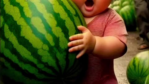 Cute boy running with watermelon