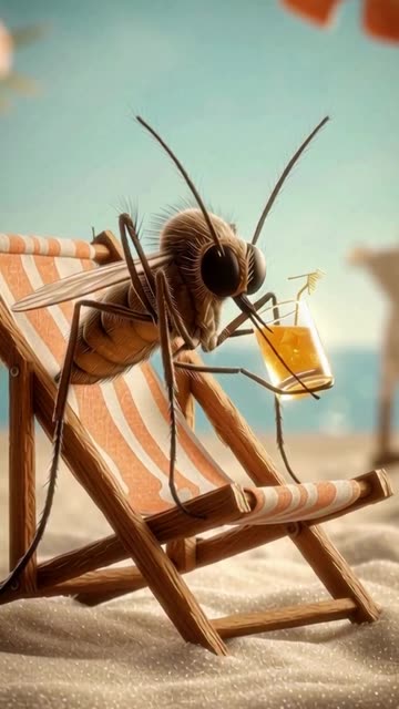video of a mosquito sitting on a beach chair holding a glass of beverage