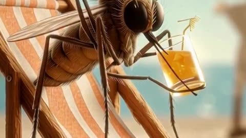 video of a mosquito sitting on a beach chair holding a glass of beverage