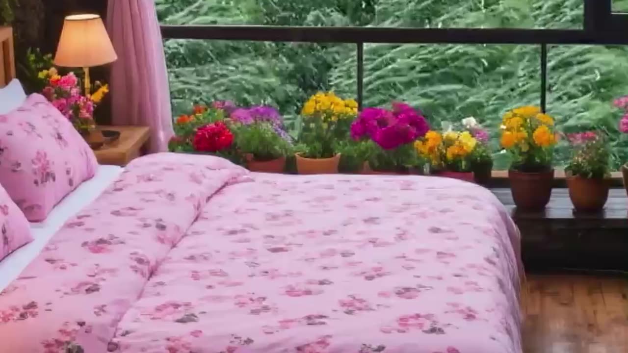 Resort Bedroom with Pink Bedding.
