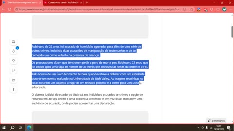Tyler Robinson comparece em tribunal pelo assassínio de Charlie Kirk
