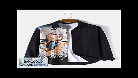 ChArmkpR Mens Japanese Cat Fish Print Patchwork Long Sleeve Shirts Black Review