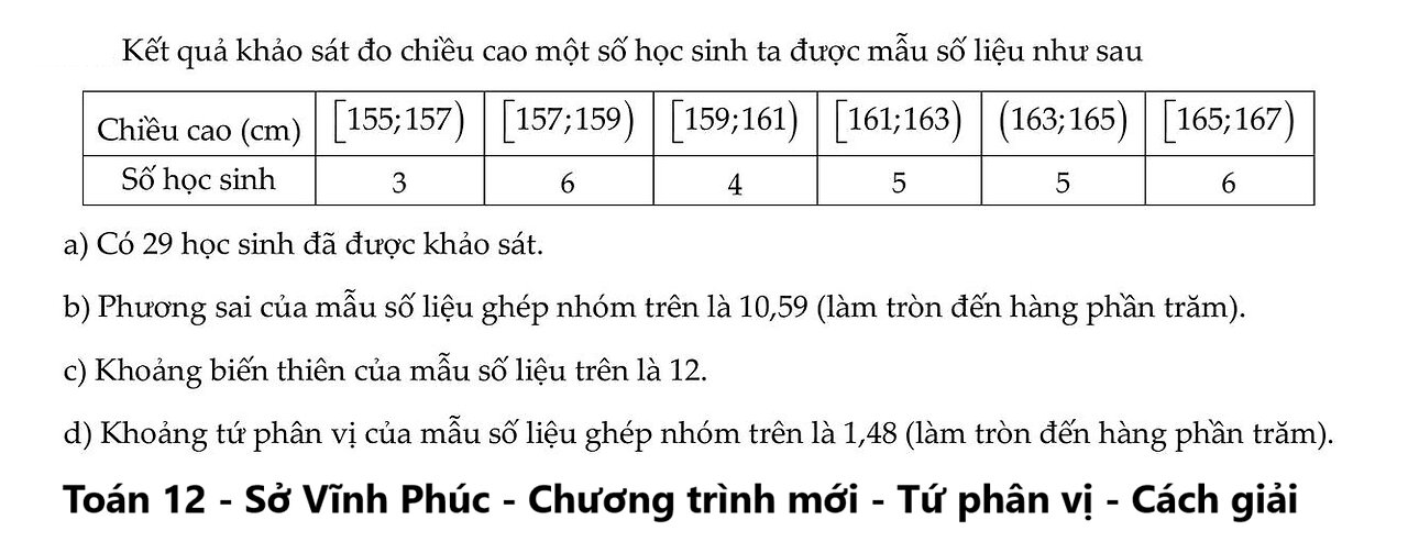 Kết quả khảo sát đo chiều cao một số học sinh ta được mẫu số liệu như sau