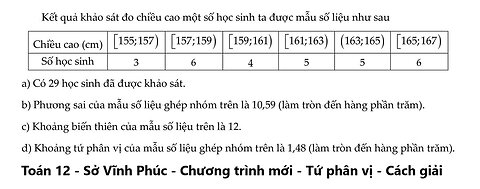 Kết quả khảo sát đo chiều cao một số học sinh ta được mẫu số liệu như sau