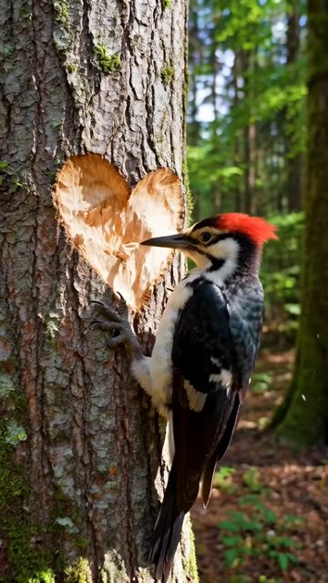 Woodpecker carving a Heart into a Tree