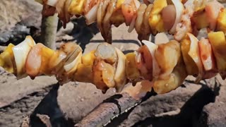 Making honey teriyaki shrimp, pineapple, and chicken kebobs in the woods