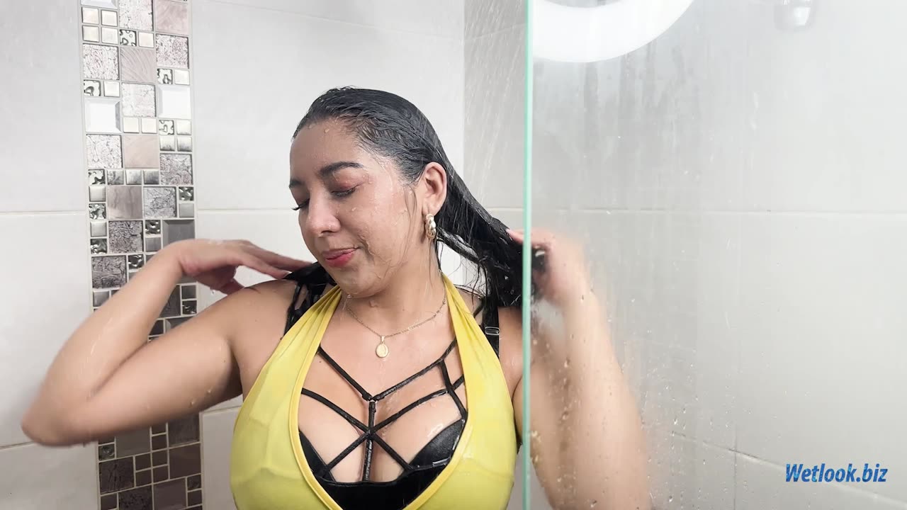 Shower Fully Dressed in Pink Leggings & Yellow Top