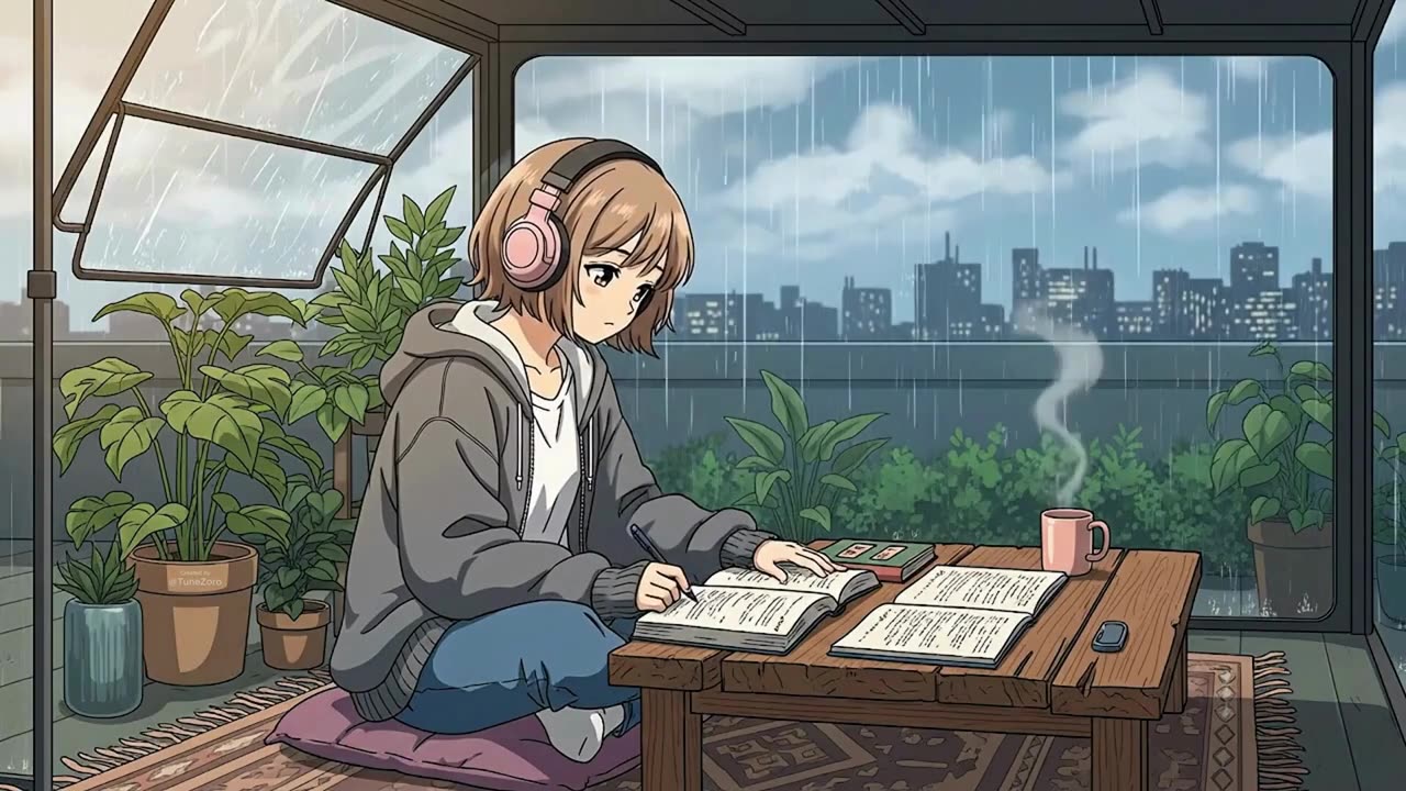 Rooftop Study Room with Rain Sounds -Ambience for Studying, Relaxing Rain Sound On Window Meditation