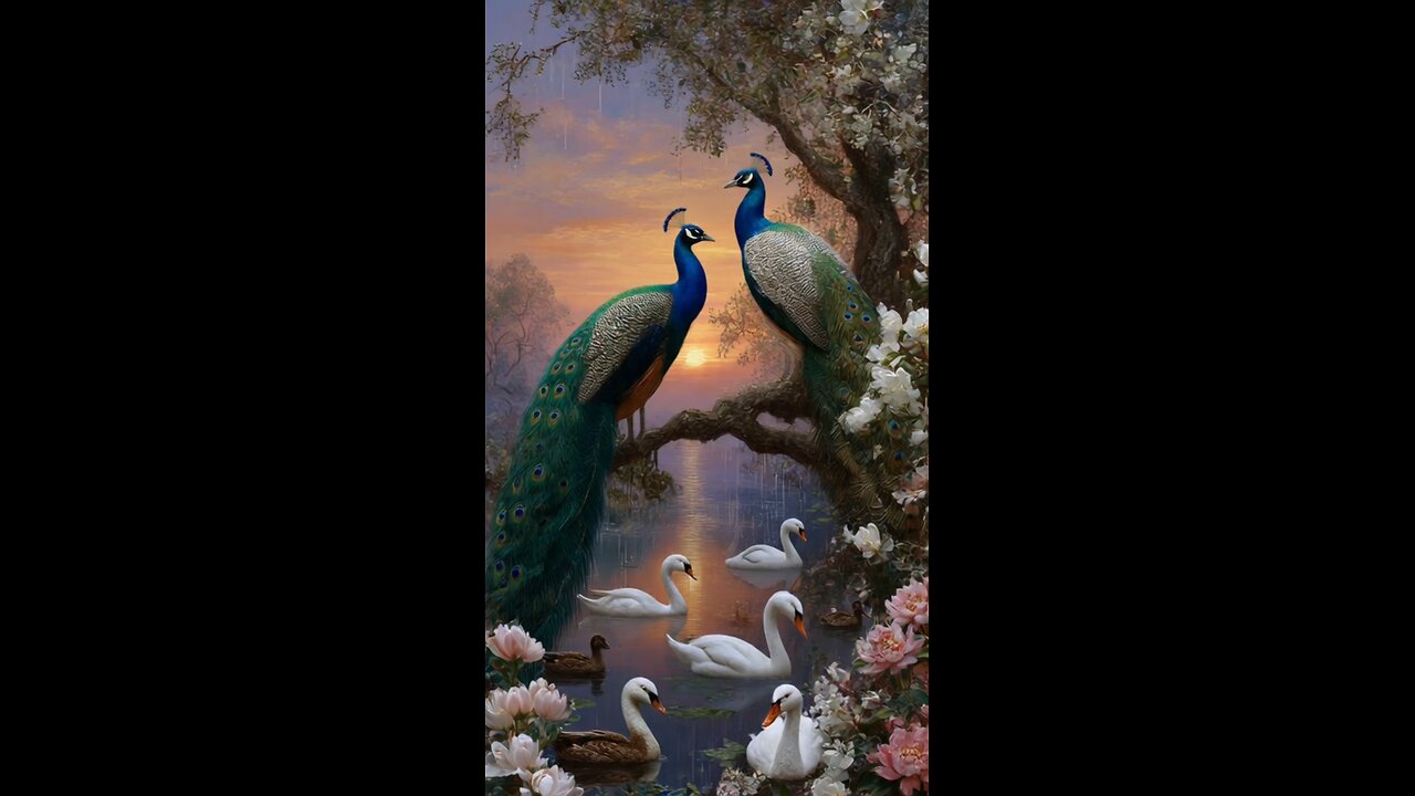 enjoy two peafowls sitting on the tree with sunrise and rain with swans.