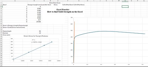 Excel Tutorial: The 0.2% Offset Yield Strength Method from Change in Length (mm), Load (kN)