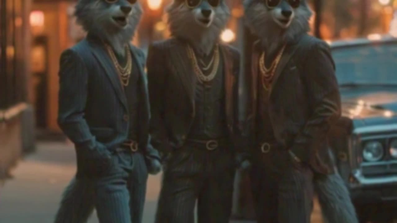 three anthropomorphic wolves singing together while standing on a city sidewalk