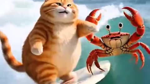 AI Video: Cute Cat With Crabs and Shrimps