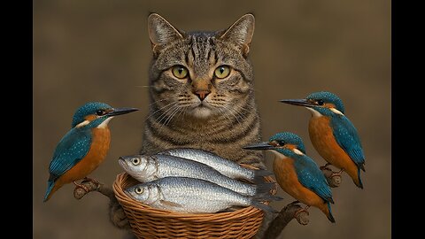 Tabby Cat Kingfishers Fish Basket Rumble