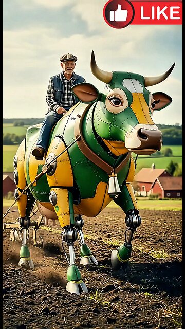 A farmer is plowing his field with a unique engine that looks like a single ox. AI generate video