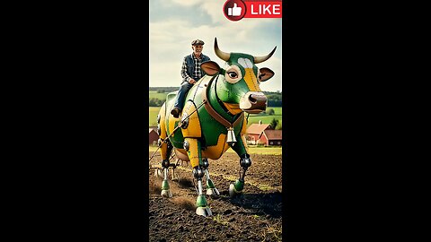 A farmer is plowing his field with a unique engine that looks like a single ox. AI generate video