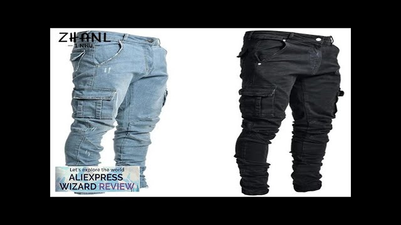 Jeans Men Pants Wash Solid Color Multi Pockets Denim Mid Waist Cargo Review