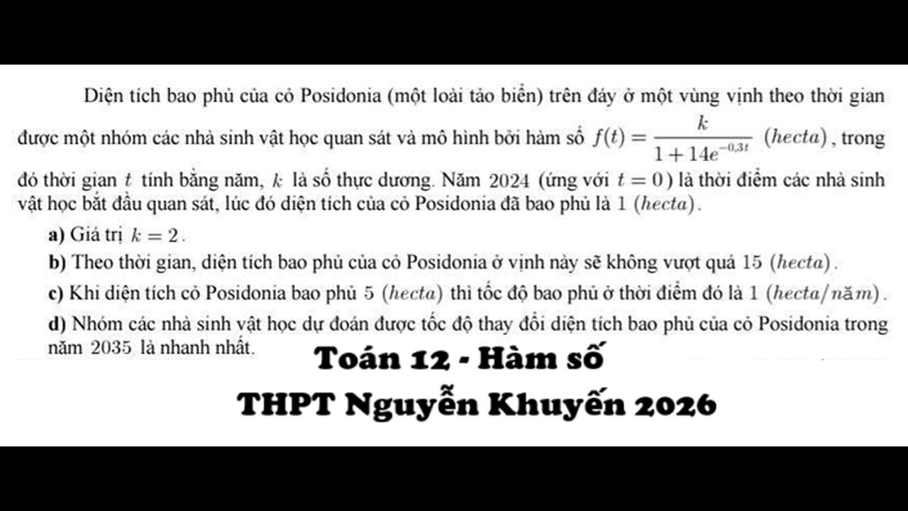 THPT Nguyễn Khuyến 2026: Diện tích bao phủ của cỏ Posidonia (một loài tảo biển) trên đáy ở một