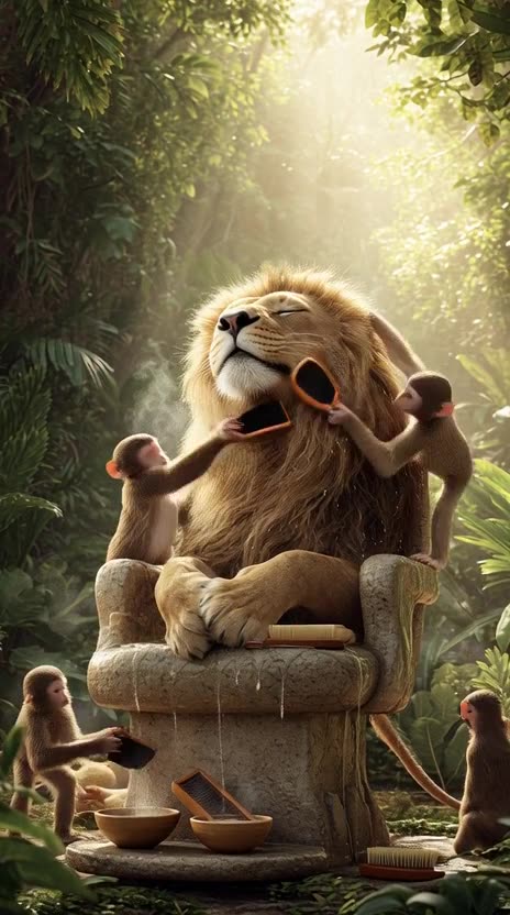 a majestic lion sitting comfortably on a stone chair