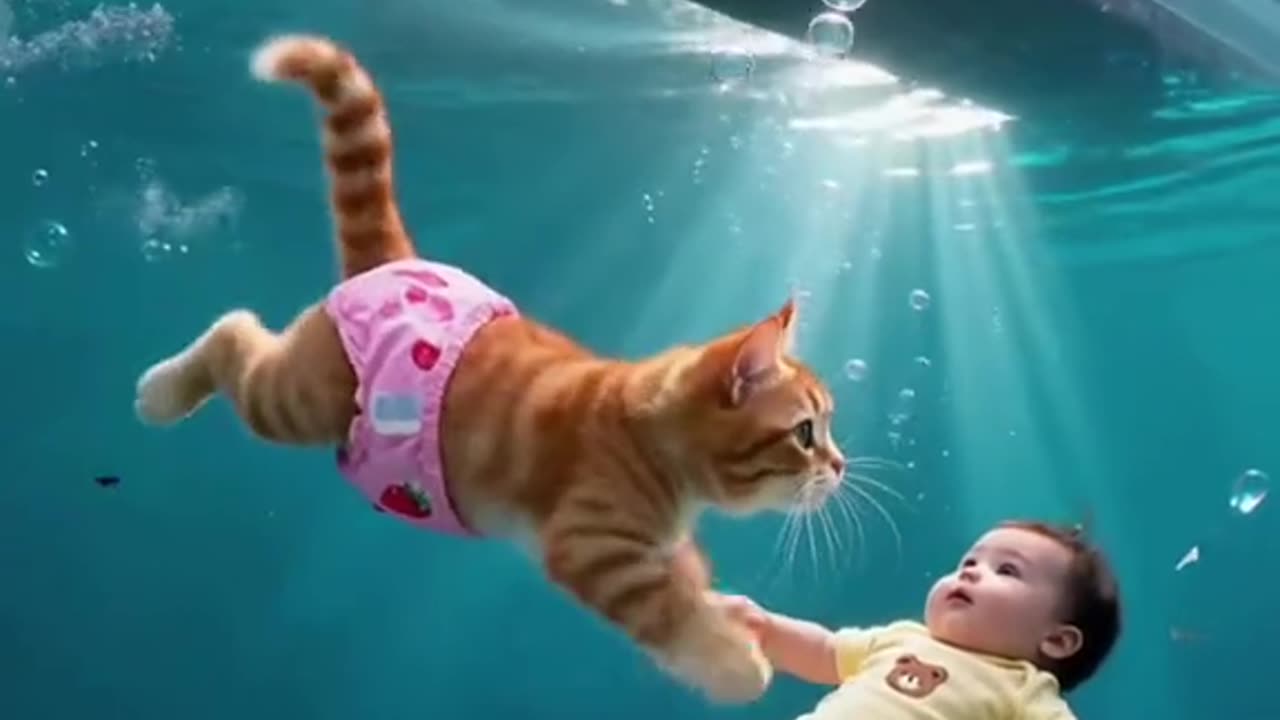The little cat bravely rescued the drowning baby.