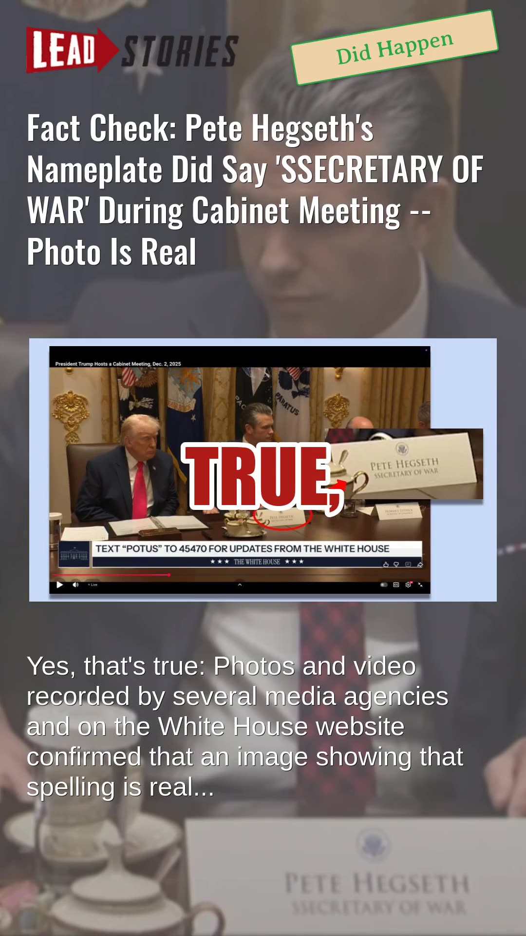 Fact Check: Pete Hegseths Nameplate Did Say SSECRETARY OF WAR During Cabinet Meeting -- Real Pic
